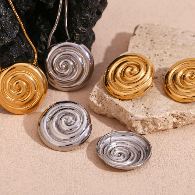 18KG geometric round piece sprial shape stainless steel necklace set