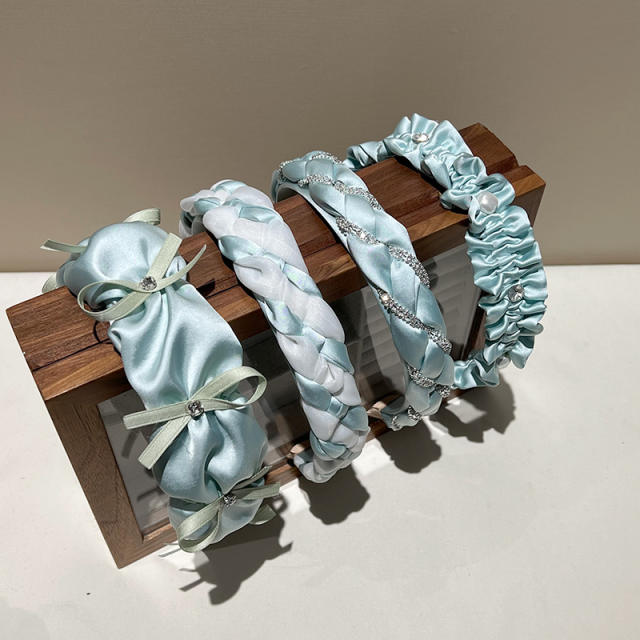 Summer blue color satin headband bow hair clips collection