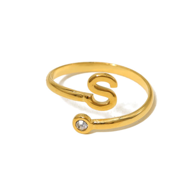Real gold plated initial letter stainless steel diamond adjustable rings
