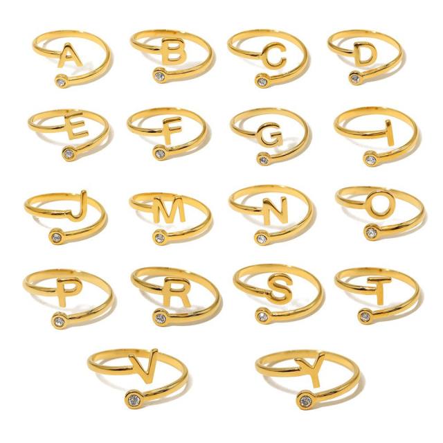 Real gold plated initial letter stainless steel diamond adjustable rings