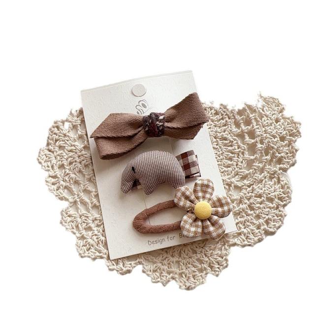 3pcs vintage beige brown color bow hair clips set for kids