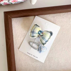 Sweet blue color plaid bow flower hair clips for kids