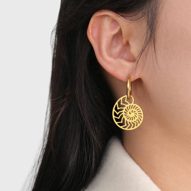 Vintage boho hollow pattern sprial shape stainless steel earrings