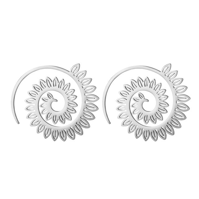 Vintage boho hollow pattern sprial shape stainless steel earrings
