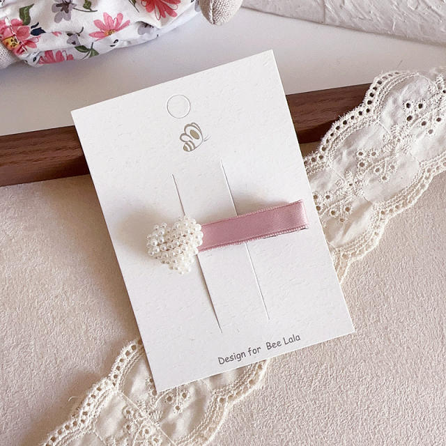 French trend pink pearl beaded bow hair clips for kids