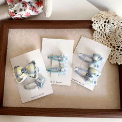 Sweet blue color plaid bow flower hair clips for kids