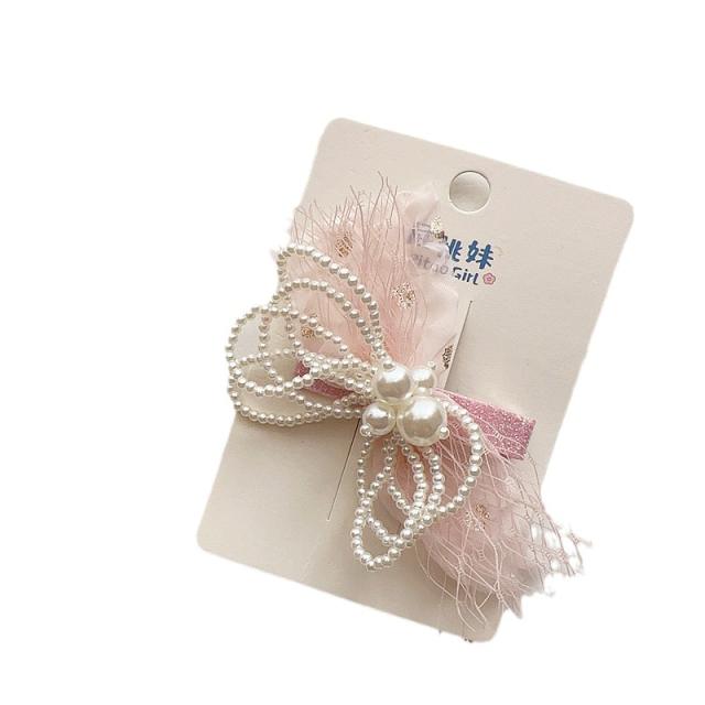 Korean fashion sweet pink color beaded bow flower hair clips for kids