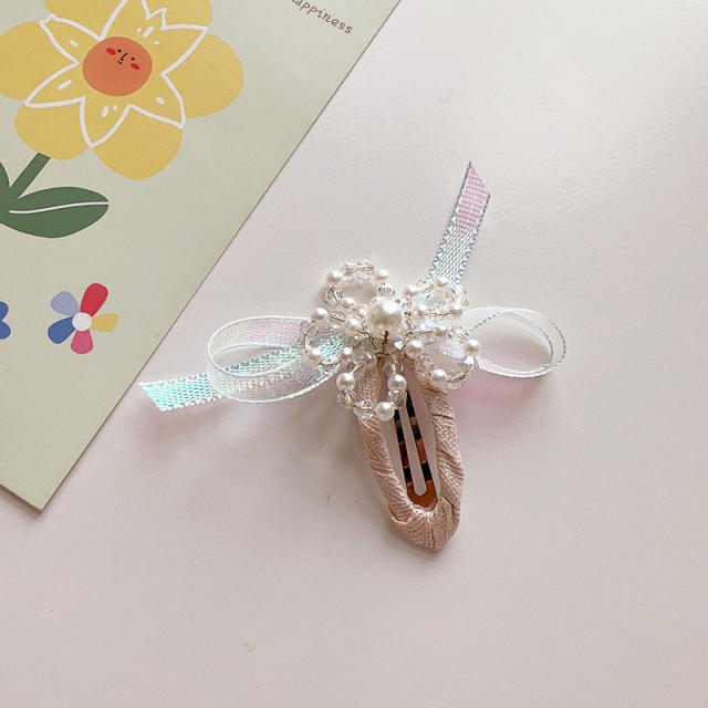 Spring summer crystal beaded flower bow snap hair clips for kids