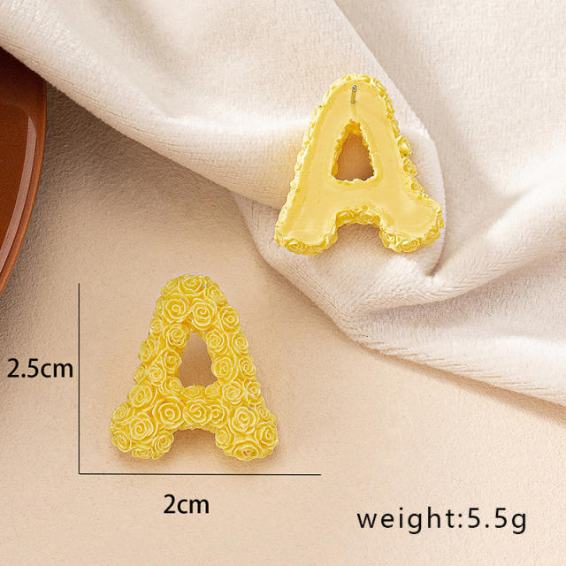 Creative rose flower resin material initial letter studs earrings