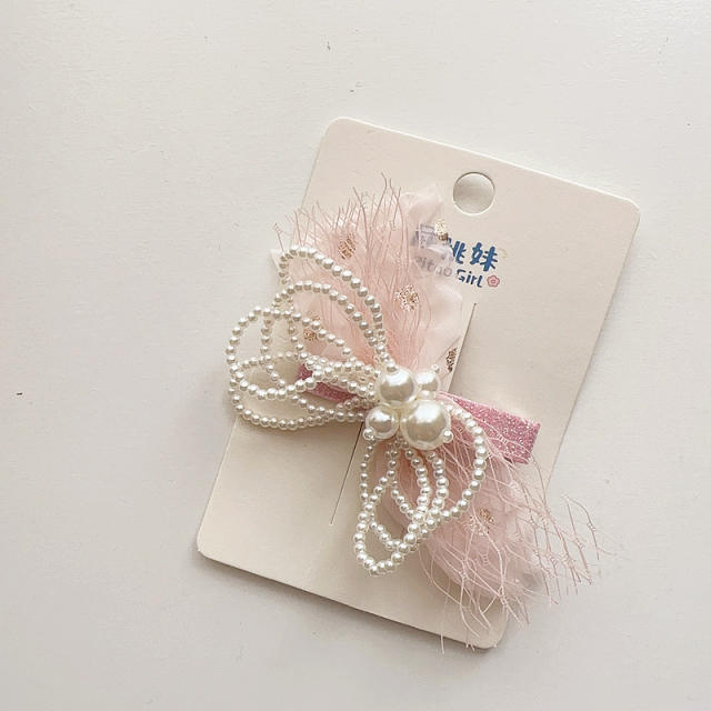 Korean fashion sweet pink color beaded bow flower hair clips for kids