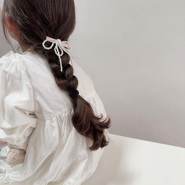 French trend pink pearl beaded bow hair clips for kids