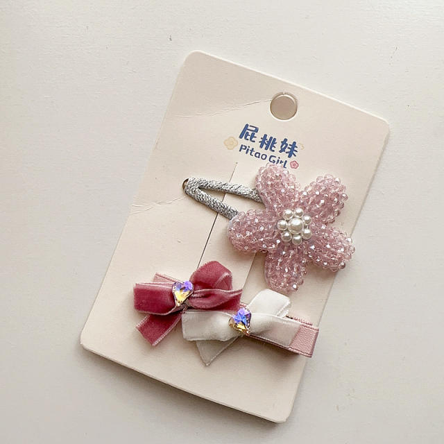 Korean fashion sweet pink color beaded bow flower hair clips for kids