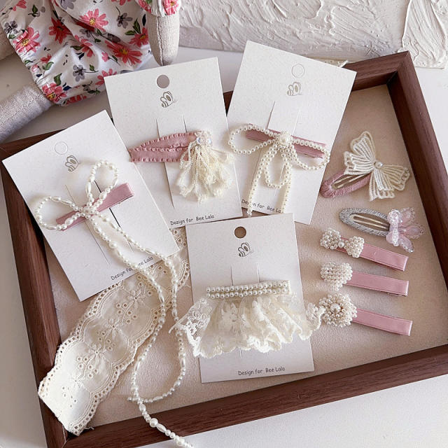 French trend pink pearl beaded bow hair clips for kids