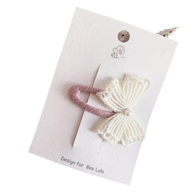 French trend pink pearl beaded bow hair clips for kids