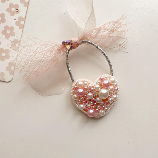 Korean fashion sweet pink color beaded bow flower hair clips for kids