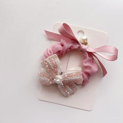 Korean fashion sweet pink color beaded bow flower hair clips for kids