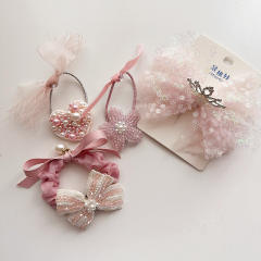 Korean fashion sweet pink color beaded bow flower hair clips for kids
