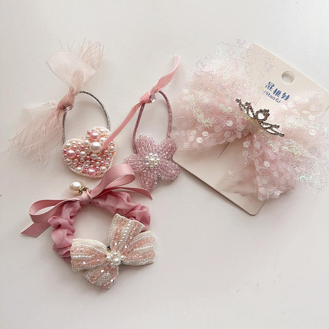 Korean fashion sweet pink color beaded bow flower hair clips for kids