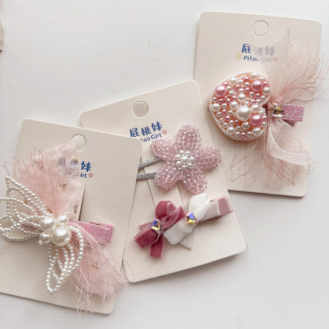 Korean fashion sweet pink color beaded bow flower hair clips for kids