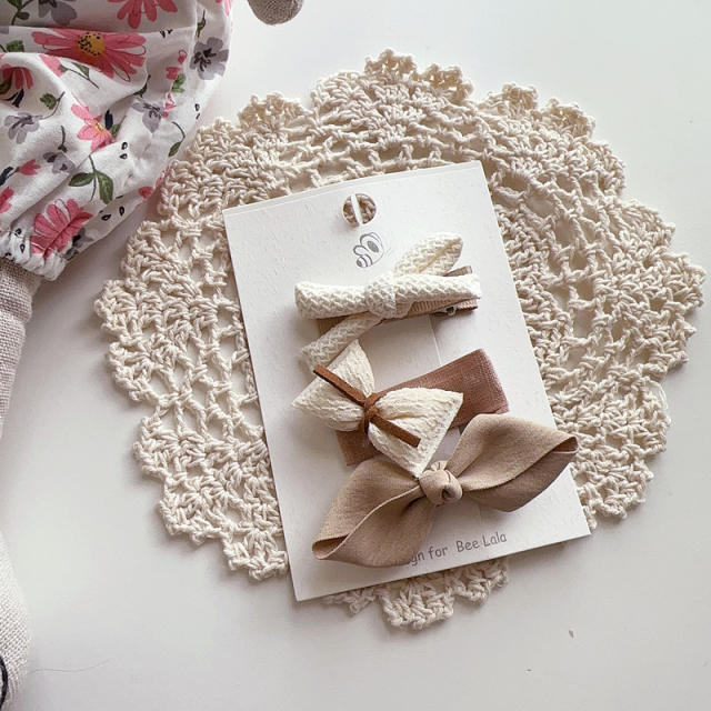 3pcs vintage beige brown color bow hair clips set for kids