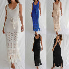 Summer sexy backless knitted long swimwear cover up beach dress