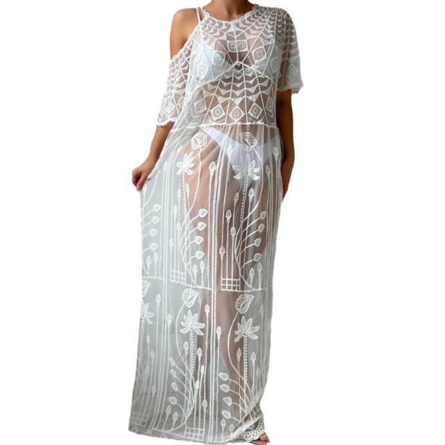 Sexy lace see through long swimwear cover up