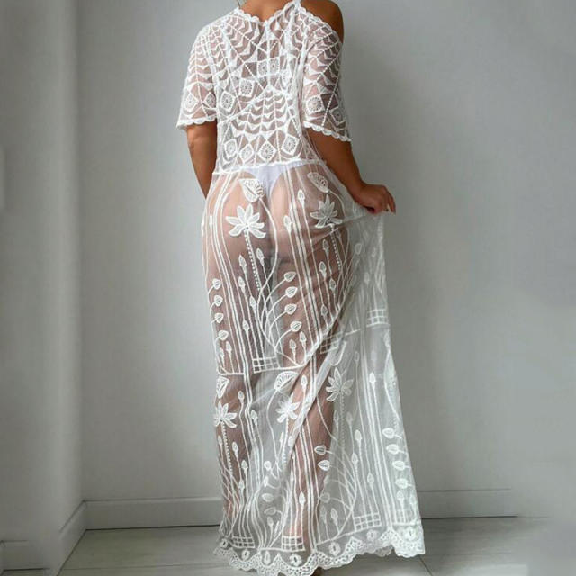 Sexy lace see through long swimwear cover up