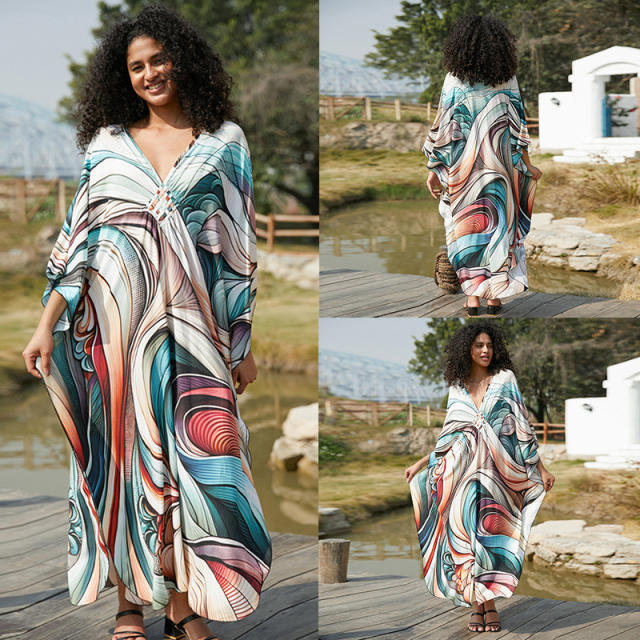 Boho colorful striped pattern loose swimwear cover up