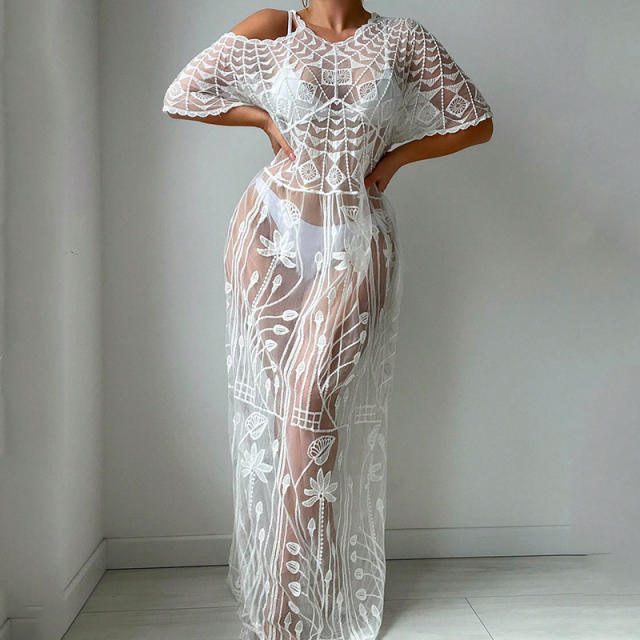 Sexy lace see through long swimwear cover up