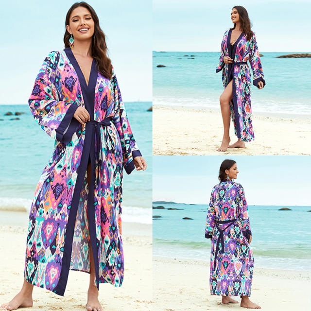 Summer colorful printing long cardigan swimwear cover up