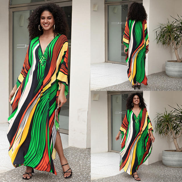 Boho colorful striped pattern loose swimwear cover up