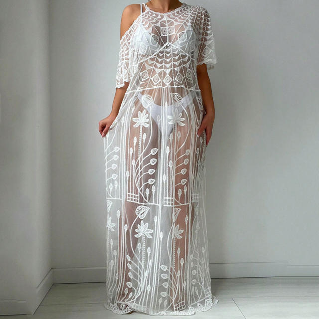 Sexy lace see through long swimwear cover up