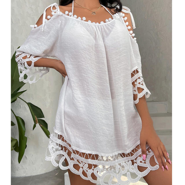 Summer white black color off shoulder beach cover up beach dress