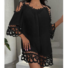 Summer white black color off shoulder beach cover up beach dress