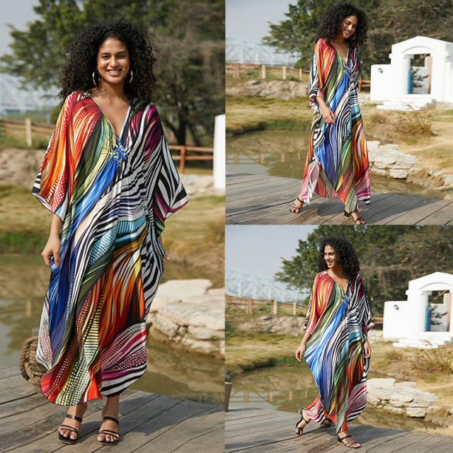 Boho colorful striped pattern loose swimwear cover up