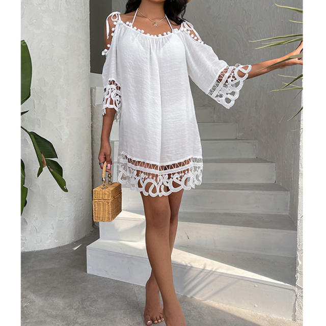 Summer white black color off shoulder beach cover up beach dress