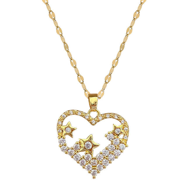 Dainty diamond star hollow heart stainless steel chain necklace