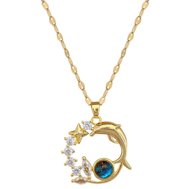 Dainty dolphin star circle pendant stainless steel chain necklace