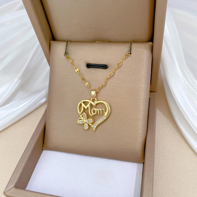 Diamond heart mom letter pendant stainless steel chain necklace
