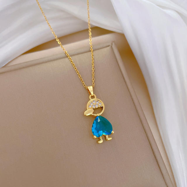 Dainty blue color gem boy pendant stainless steel chain necklace