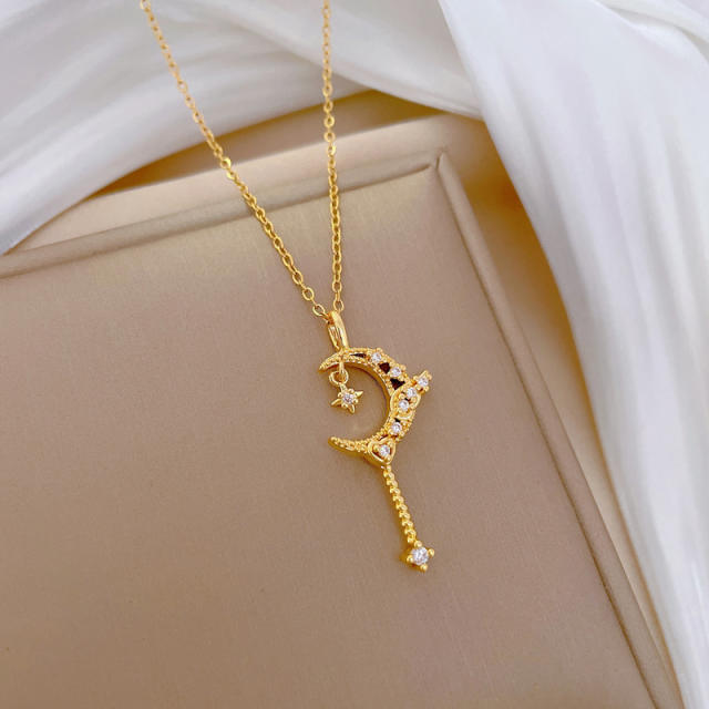 Dainty diamond moon star pendant stainless steel chain necklace