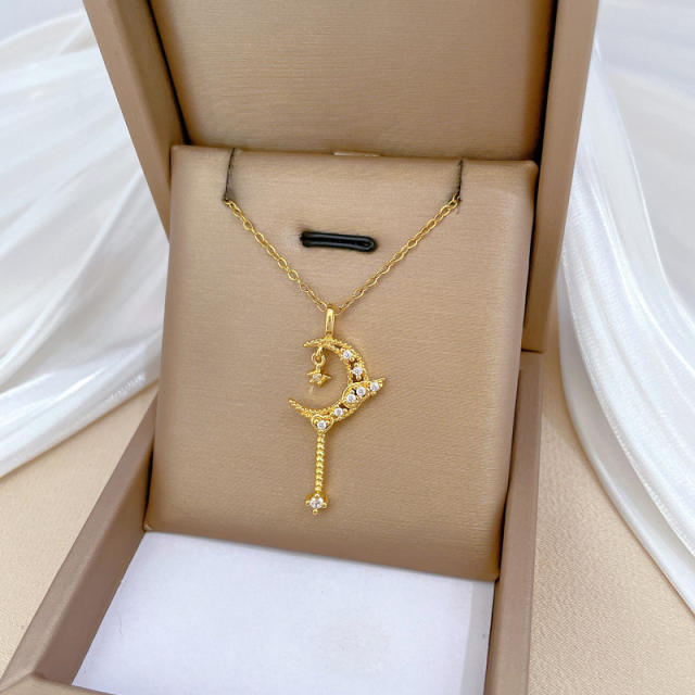 Dainty diamond moon star pendant stainless steel chain necklace