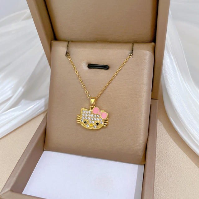 Sweet diamond kitty pendant stainless steel chain necklace