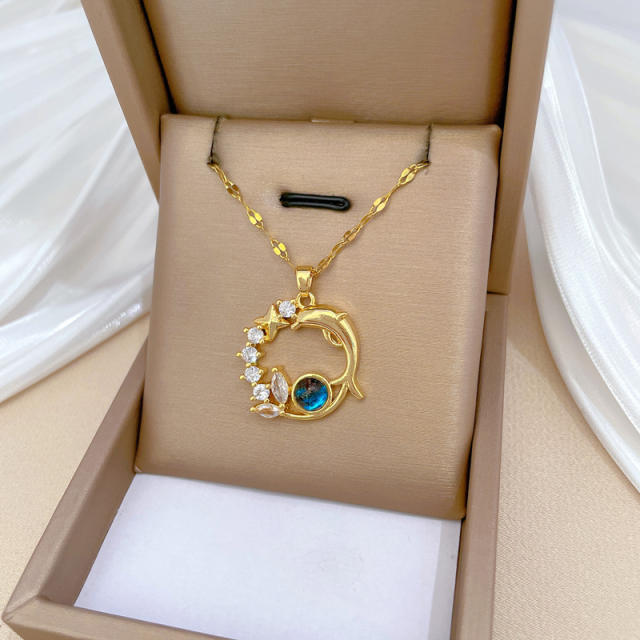 Dainty dolphin star circle pendant stainless steel chain necklace