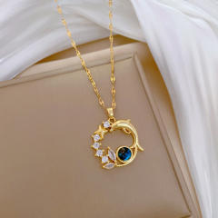 Dainty dolphin star circle pendant stainless steel chain necklace