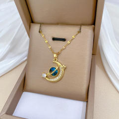 Dainty diamond moon star pendant stainless steel chain necklace