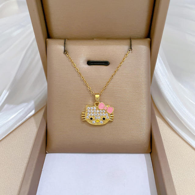 Sweet diamond kitty pendant stainless steel chain necklace