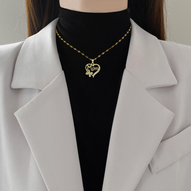 Diamond heart mom letter pendant stainless steel chain necklace