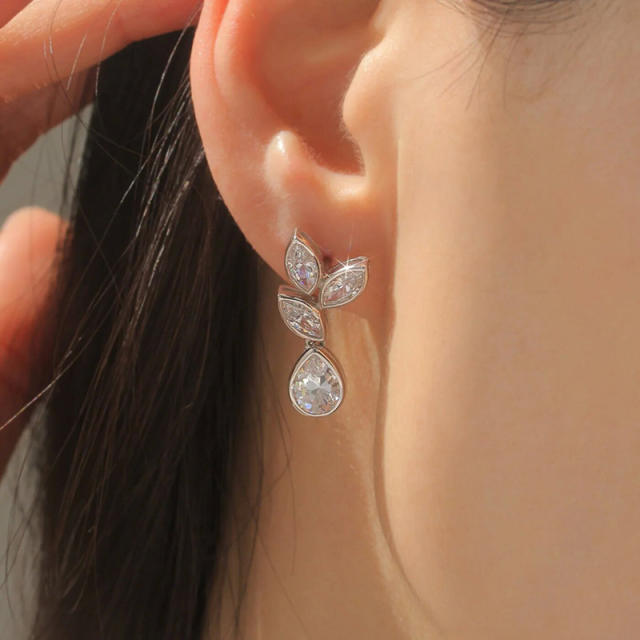 Delicate diamond cute leaf drop shape earrings