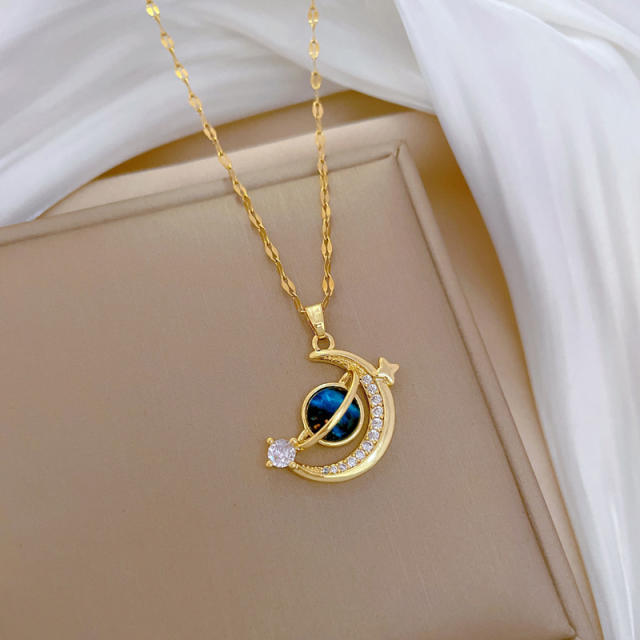 Dainty diamond moon star pendant stainless steel chain necklace